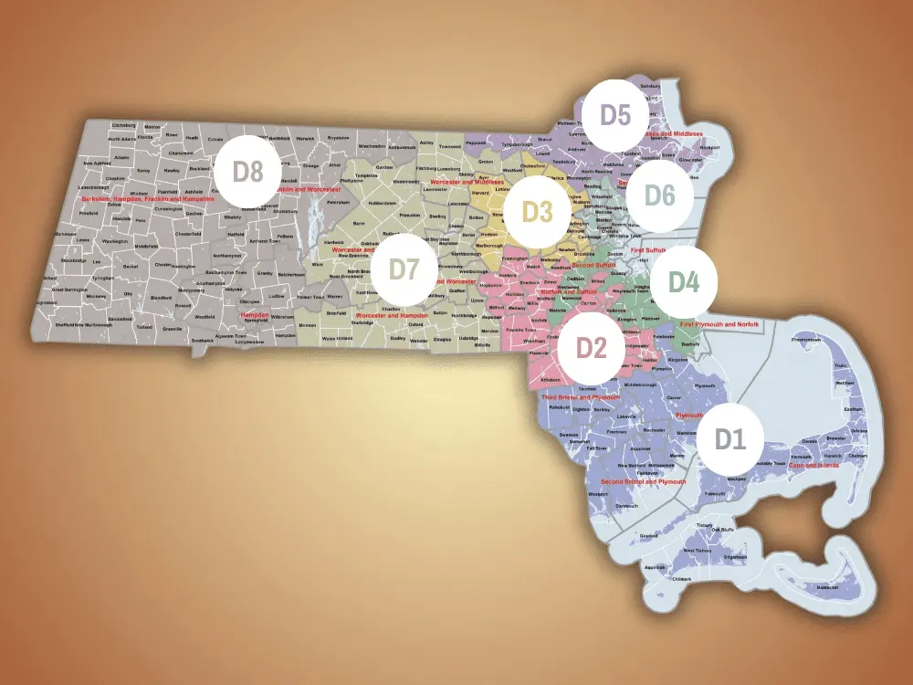 A map showing the eight districts the governor's councilors represent.