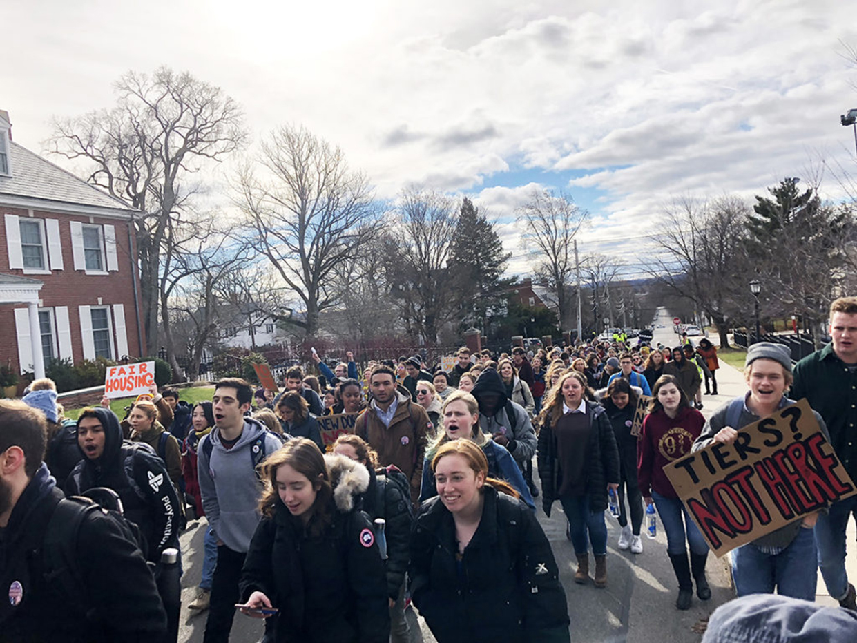 Tufts students march against tiered housing policy. Photo by Amira Al-Subaey, Tufts class of 2019.