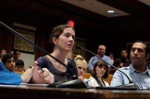 Laura Kiesel and Jordan Frias testify at the second journalism commission hearing, July 10, 2019. Photo courtesy of Sarah Betancourt.