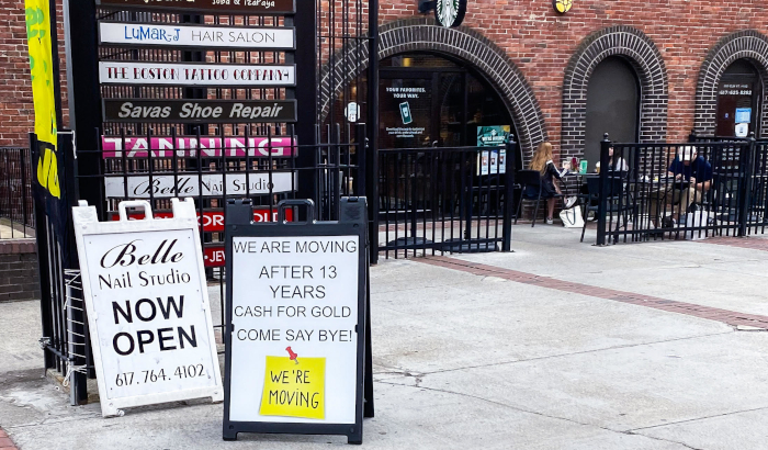 Signs in Davis Square, Somerville, April 2022. Photo by Jason Pramas. Copyright 2022 Jason Pramas.