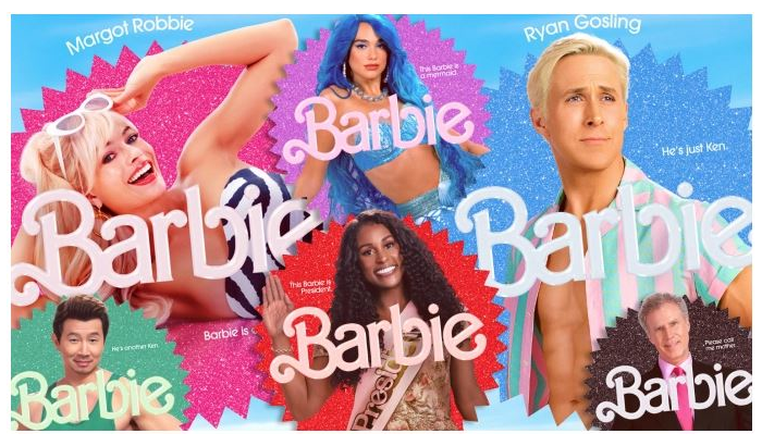 Margot Robbie, Dua Lipa, Ryan Gosling, Will Ferrell, Issa Rae, and Simu Liu in Barbie. Promotional image courtesy of Warner Bros.