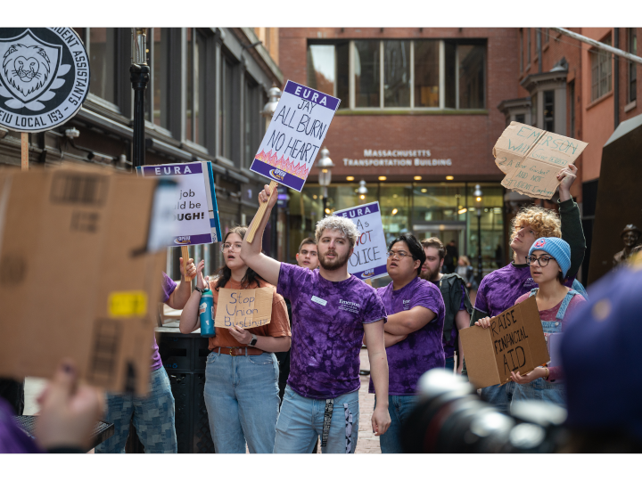 Emerson Union for Resident Assistants protest outside Emerson College President Jay Bernhardt's office on November 17, 2023. Photo by Frank Chen. Copyright 2023 Frank Chen.