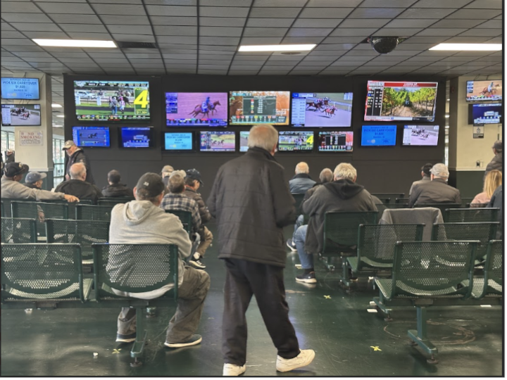 Gamblers watch TVs at Suffolk Downs race track to see if they won.