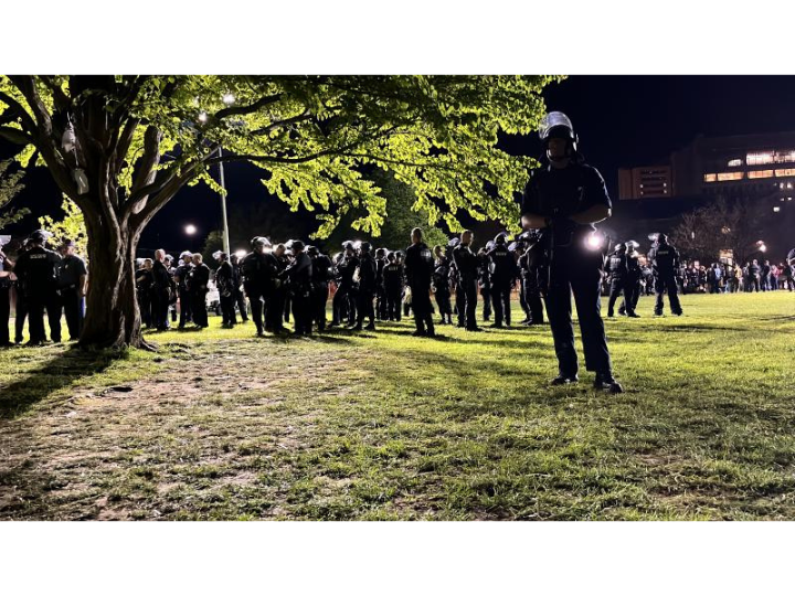 Police preparing to move on the protesters at UMass, May 7, 2024. Photo: Leyla Moushabeck.