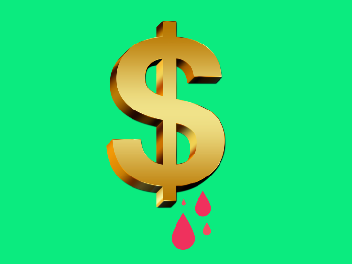 Collage with gold dollar sign dripping blood over a green background.