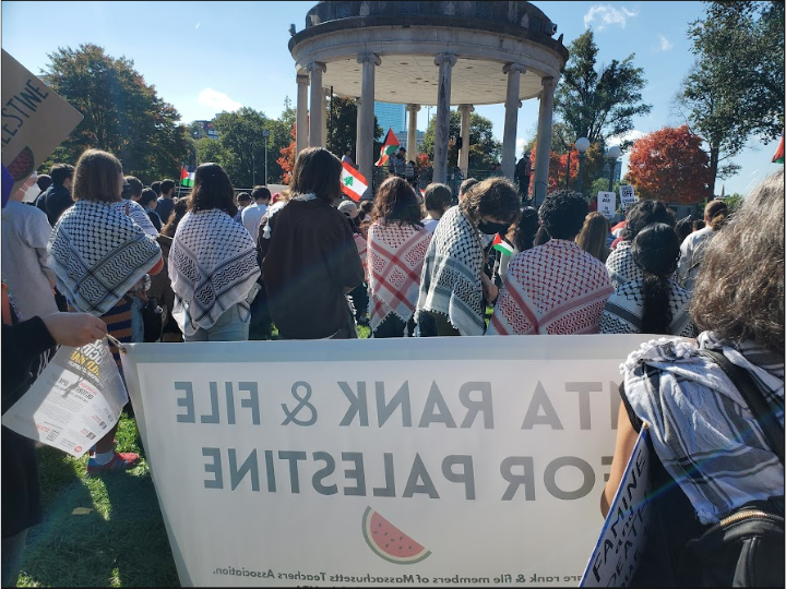 MTA Rank and File for Palestine protests on Boston Common on October 6, 2024. Photo by Sue Doherty, used with permission.