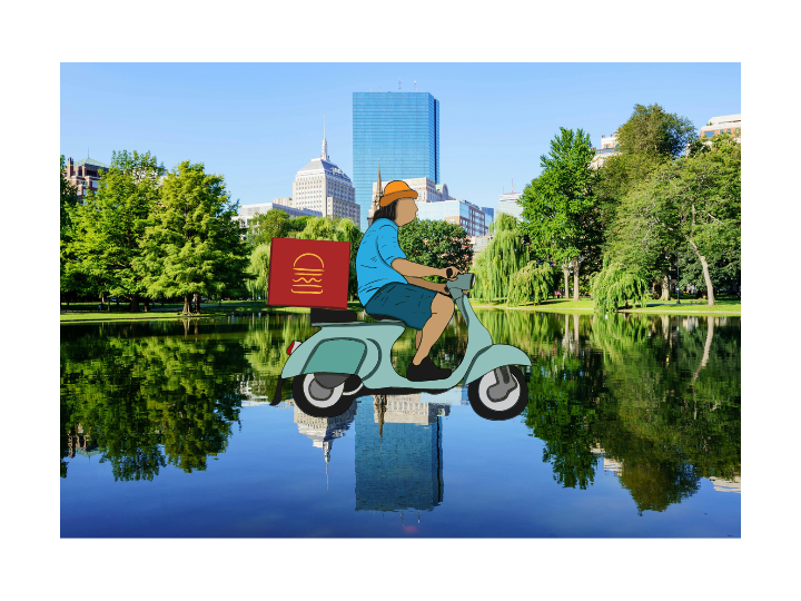 Collage of a delivery driver riding his scooter over the pond on Boston's Public Garden by Jason Pramas. Downloaded from BINJ's paid Canva account on September 25, 2025.