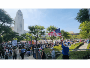 Photograph of the protest in front of City Hall in Downtown Los Angeles, California at 10:20 a.m. PST (June 14, 2025). Image by ItalianAce. Creative Commons Attribution-Share Alike 4.0 International ItalianAce.