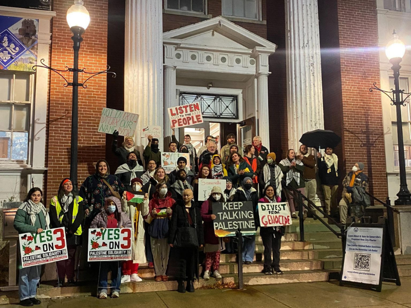 Somerville for Palestine celebrates the 9-2 victory at Somerville City Hall. Photo courtesy of Somerville for Palestine.